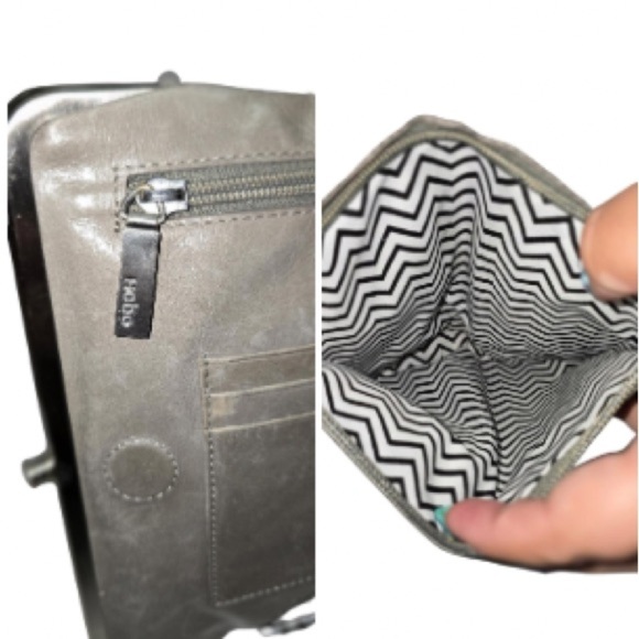 HOBO THE ORIGINAL Lauren Double Frame Clutch Wallet Gray Distressed Leather - Picture 5 of 9